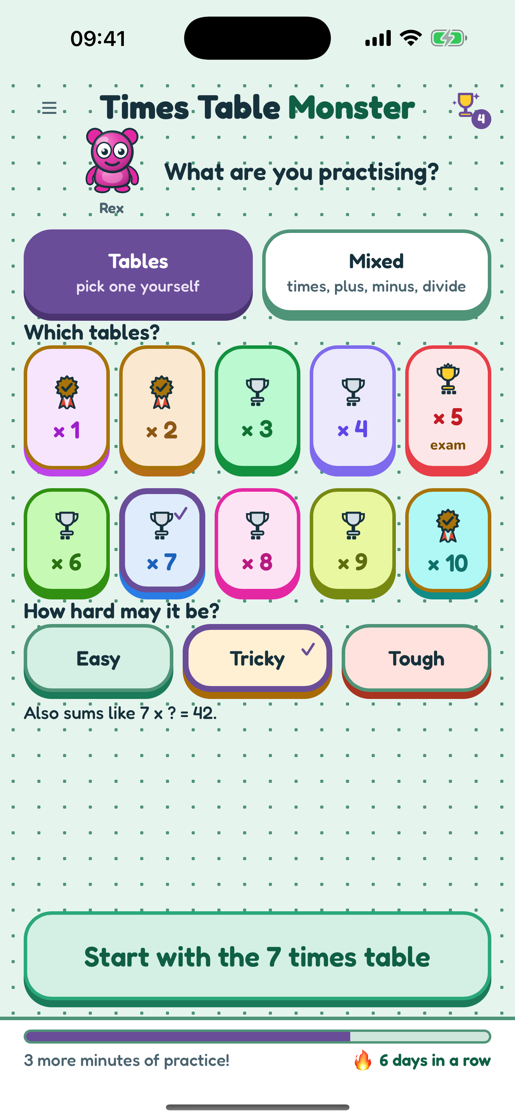 The selection screen with the ten tables and the cups already earned