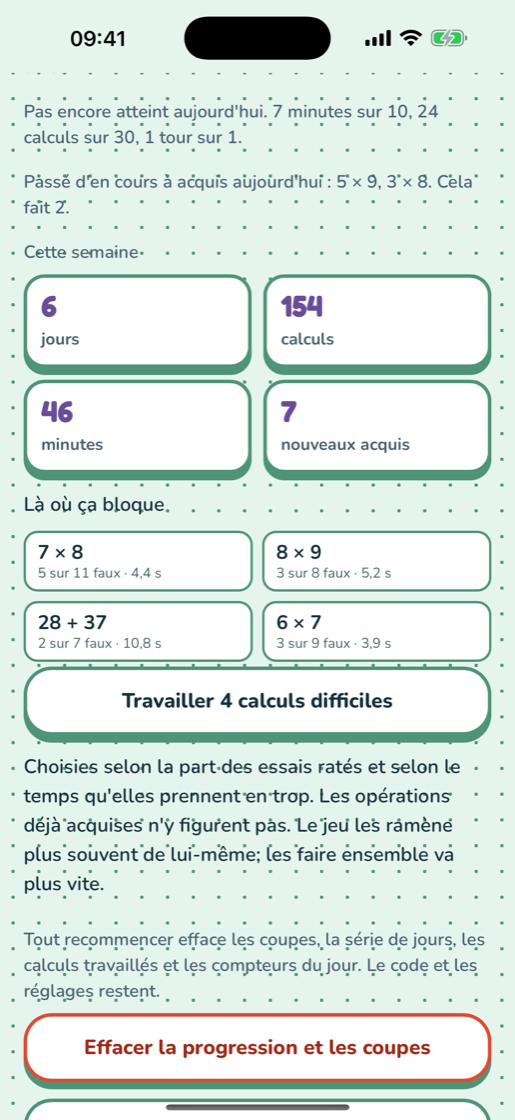 Le panneau des parents avec les seuils et l’endroit où l’enfant bloque