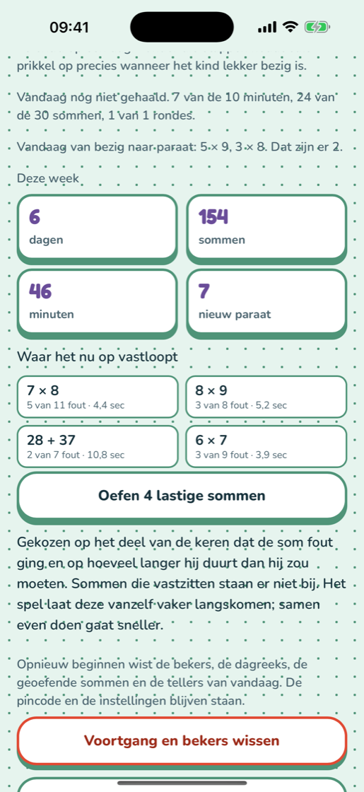 Het ouderpaneel met de drempels en waar het kind op vastloopt