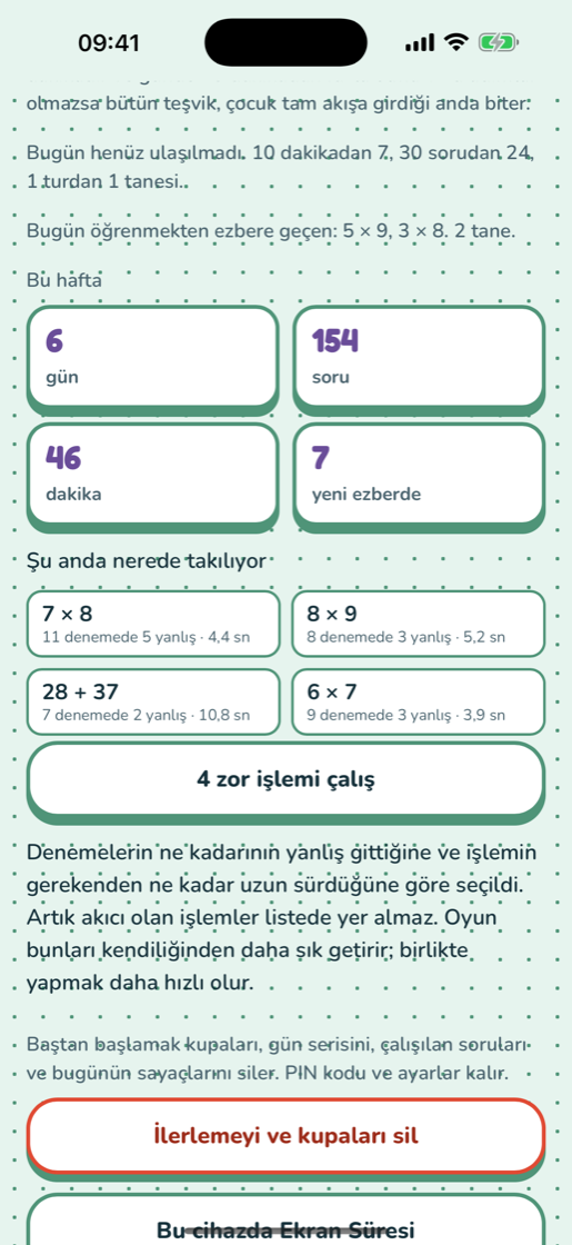 Eşiklerin ve çocuğun nerede takıldığının göründüğü ebeveyn paneli